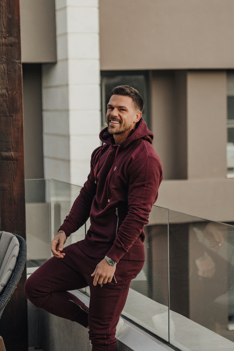 Father Sons Burgundy / Silver Overhead Hoodie Top with Zipped Pockets - FSH797