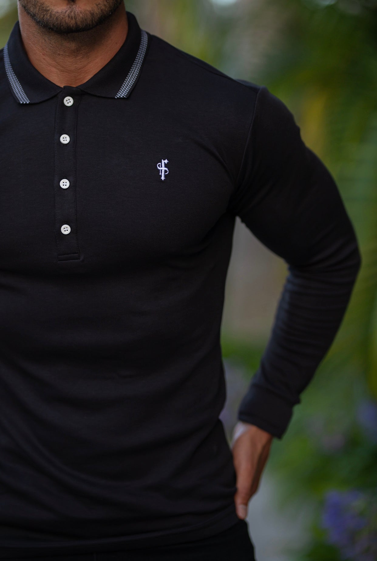 Classic Black Pima Polo Shirt with Contrast Collar Long Sleeve  - FSH426