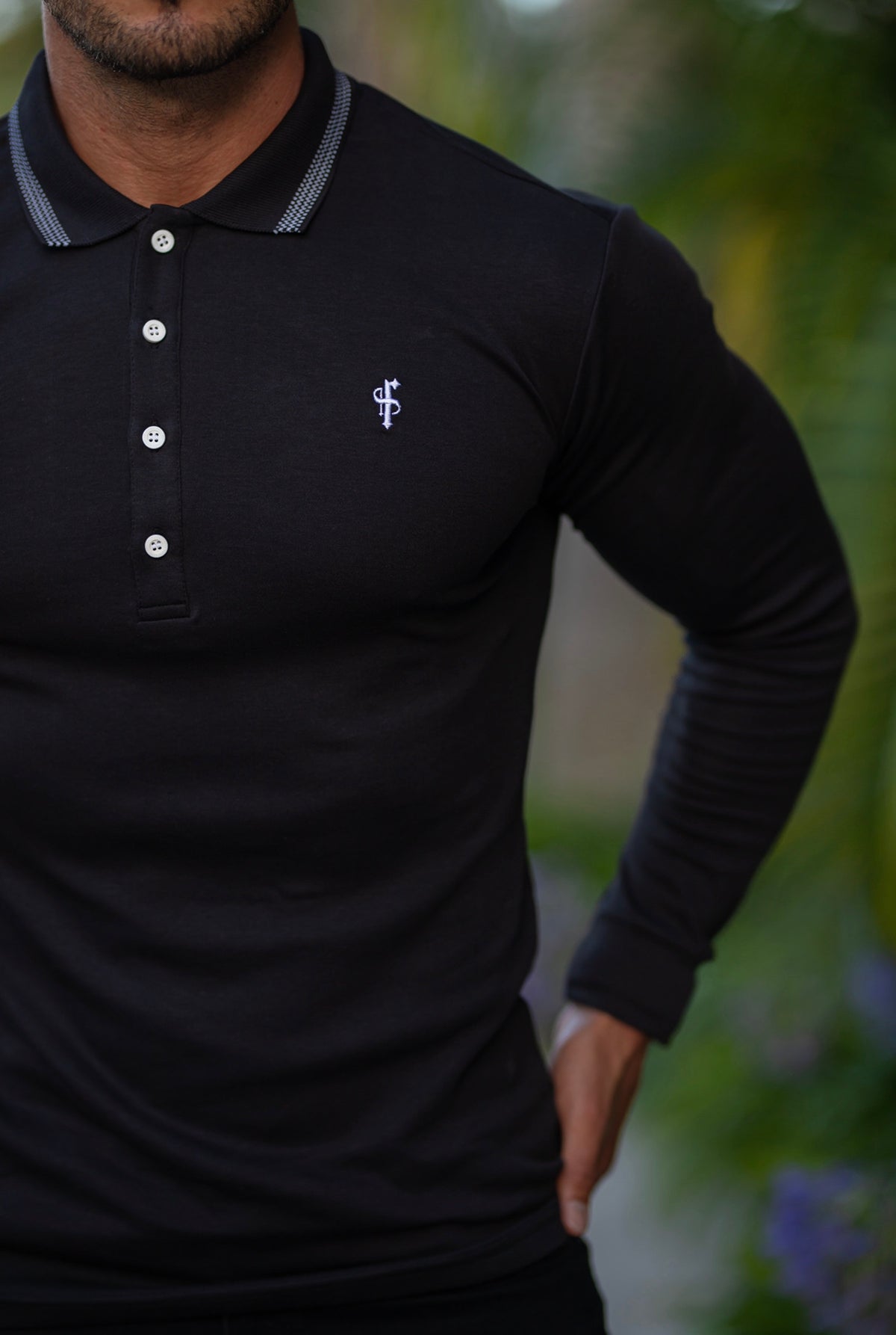 Classic Black Pima Polo Shirt with Contrast Collar Long Sleeve