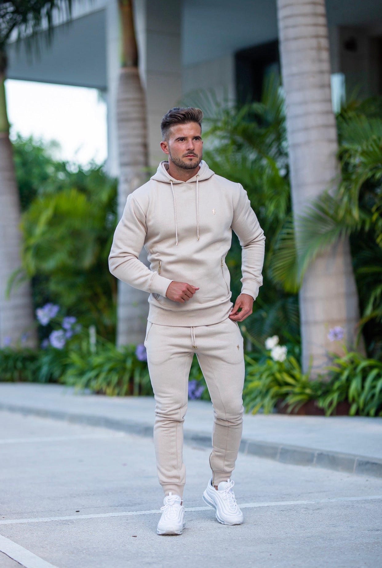 Beige & Gold Overhead Hoodie Top with Zipped Pockets - FSH483