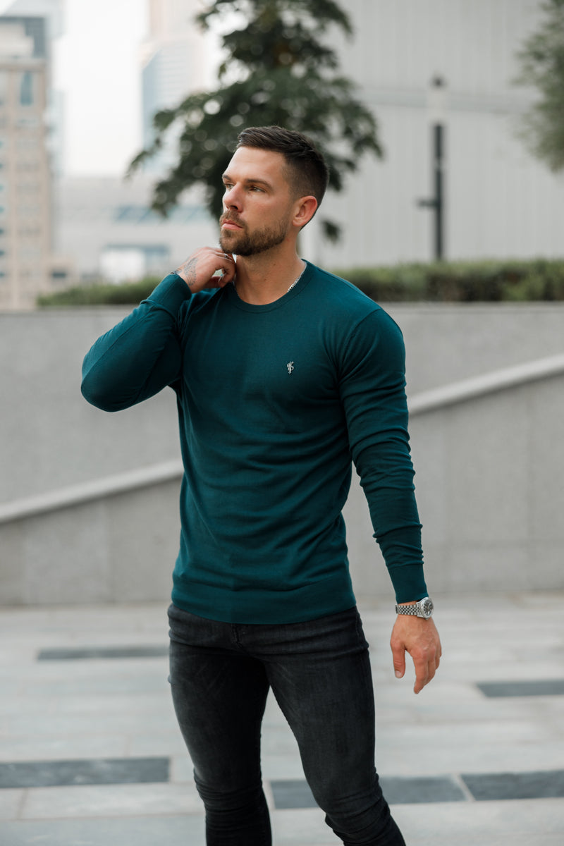 Father Sons Classic Forest Green Light Weight Knitted Crew Neck Sweater with Metal Decal - FSN095