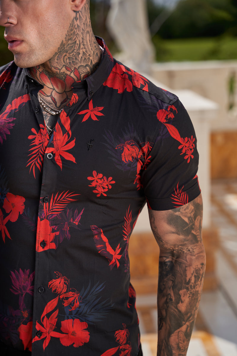 Father Sons Super Slim Stretch Black and Red Floral Print Short Sleeve with Button Down Collar - FS767