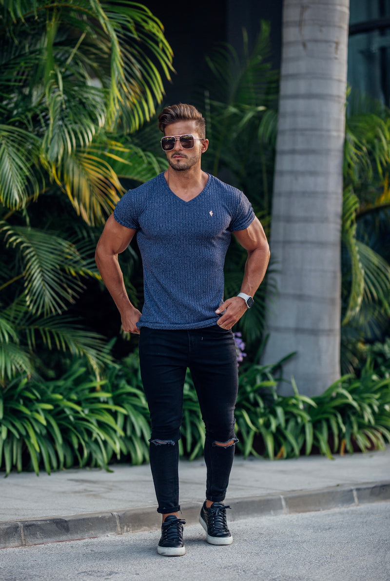 Father Sons Classic Navy / Gold V Neck Ribbed Crew - FSH493
