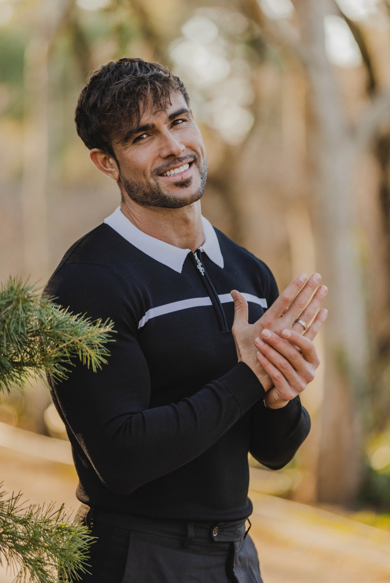 Father Sons Classic Black / White Horizontal Stripe Zipped Polo Long Sleeve - FSN047