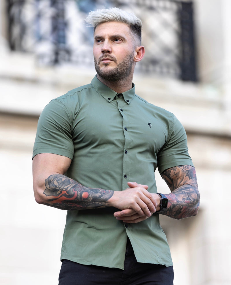 Father Sons Super Slim Stretch Classic Khaki Short Sleeve With Button Down Collar -  FS818