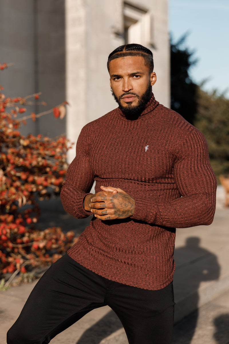 Father Sons Classic Burgundy Ribbed Knit Roll neck Sweater - FSH775