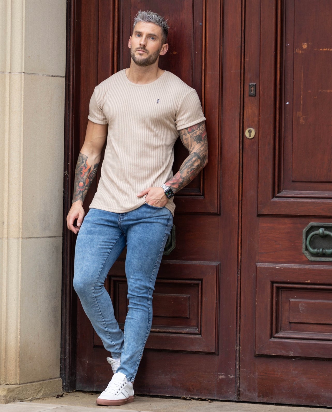 Classic Beige / Navy Ribbed Knit Short Sleeve Super Slim Long Line Crew - FSH766