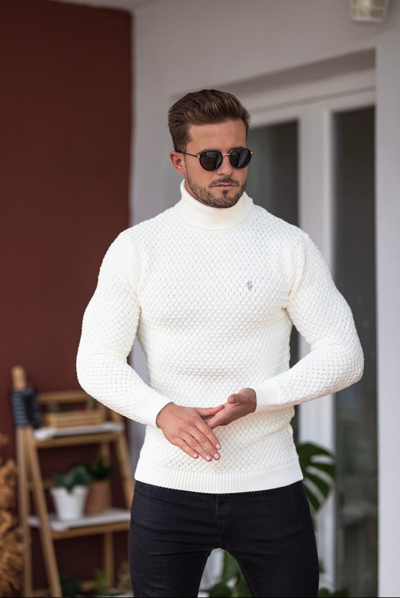 Father Sons Cream Knitted Roll Neck Weave Super Slim Sweater With Metal Decal - FSJ026