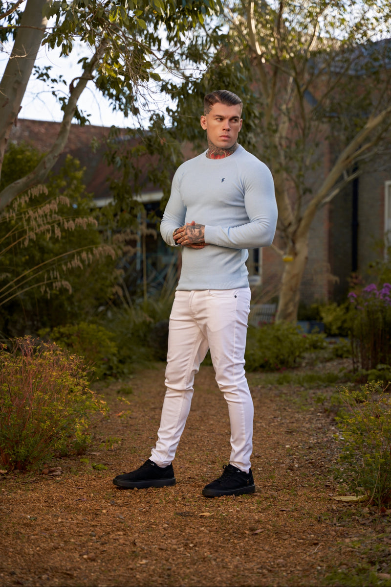 Father Sons Sky Blue Knitted Honeycomb Raglan Crew Super Slim Sweater With Metal Decal - FSN067