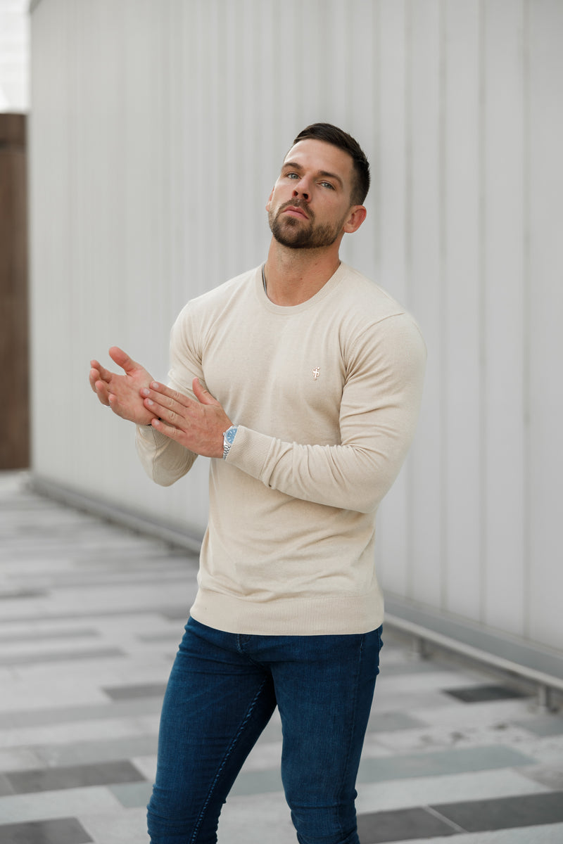 Father Sons Classic Beige Light Weight Knitted Crew Neck Sweater with Gold Metal Decal - FSN093