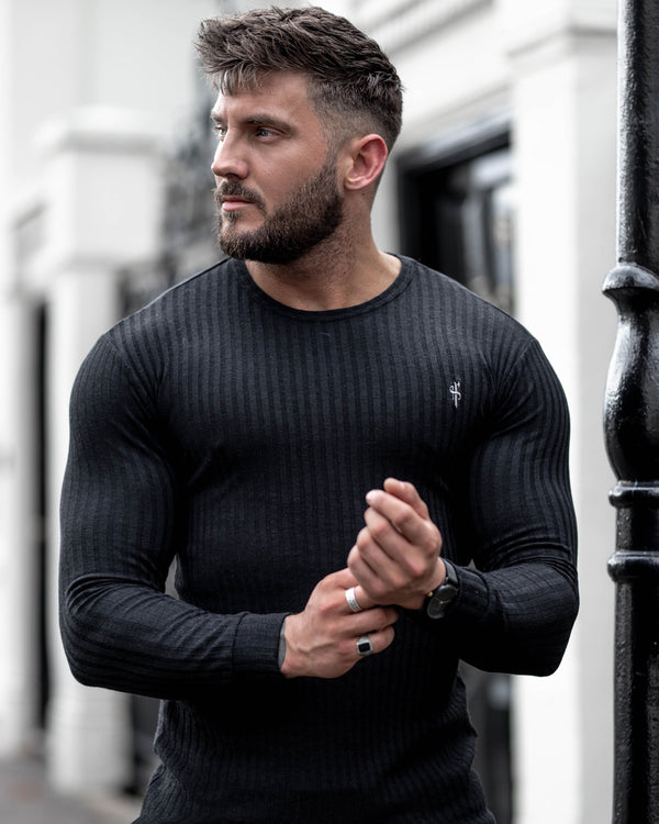 Father Sons Classic Black Ribbed Knit Super Slim Crew - FSH162