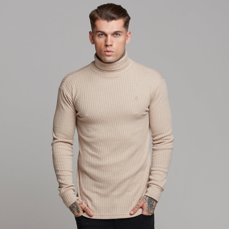 Father Sons Classic Beige Ribbed Knit Roll-neck Sweater - FSH292