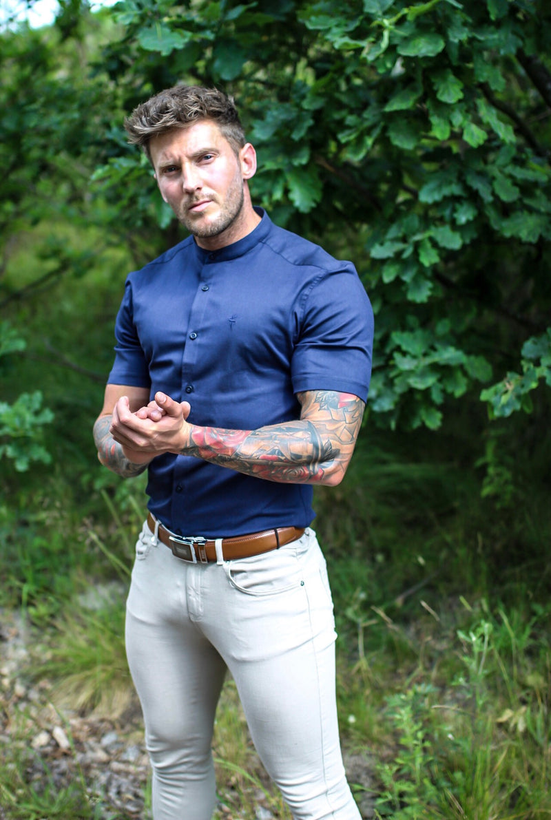 Father Sons Super Slim Stretch Grandad Collar Short Sleeve Classic Navy Oxford - FS584