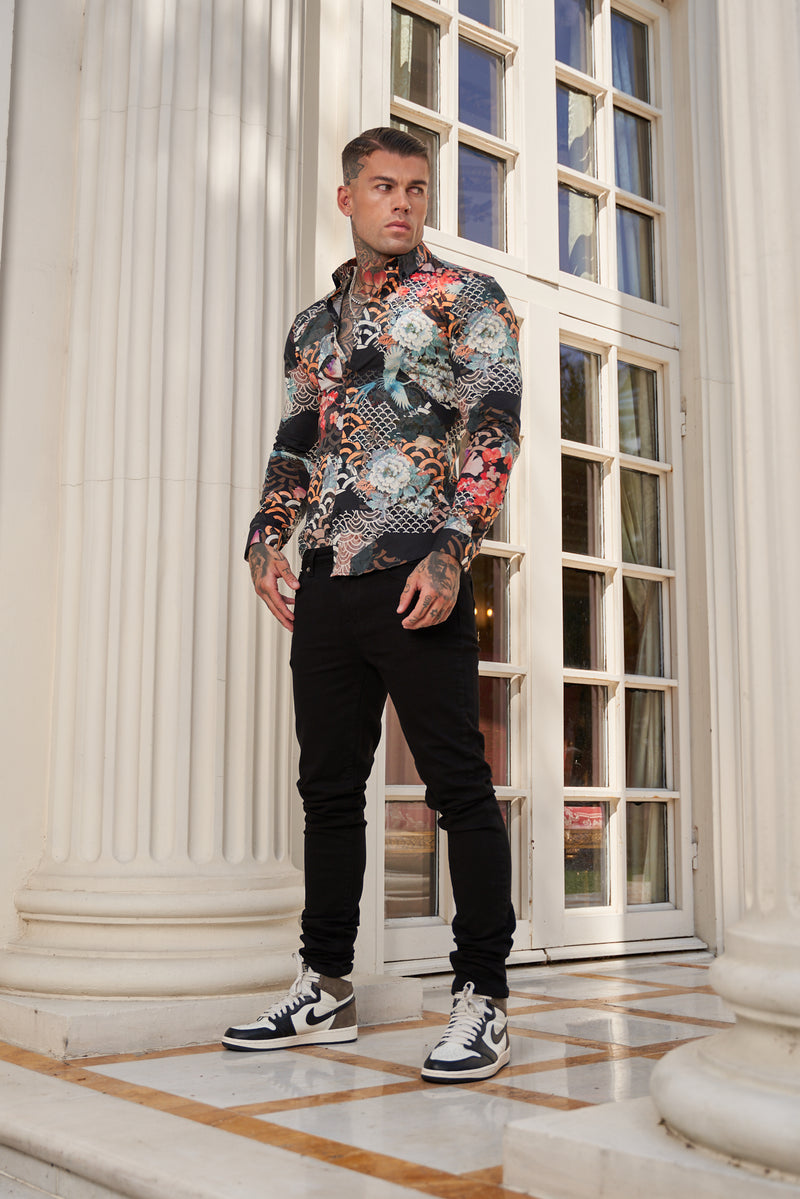 Father Sons Super Slim Stretch Multi Oriental Print Long Sleeve with Button Down Collar - FS771