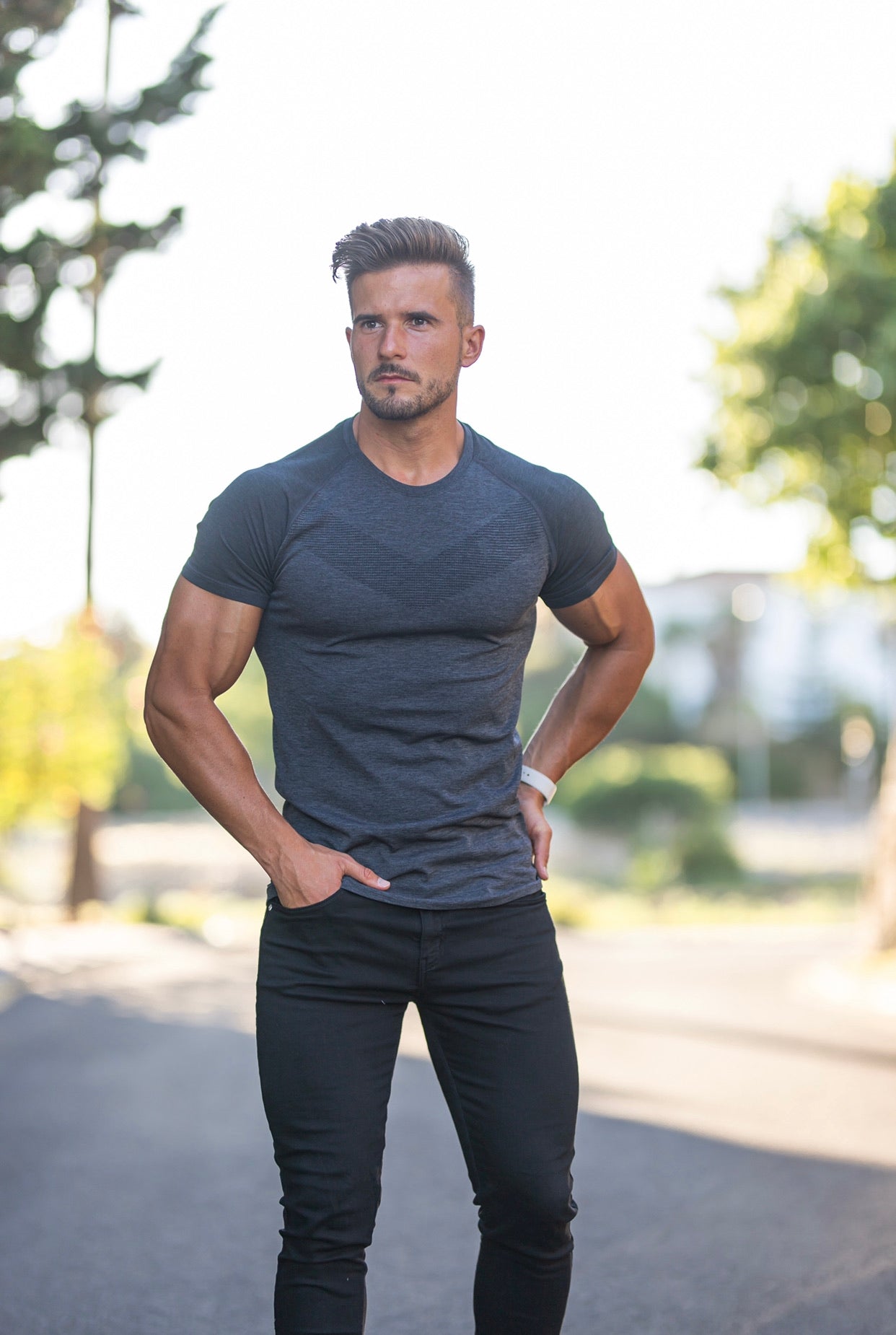 Short sleeve Charcoal crew gym top with Raglan sleeve detail - FSM026