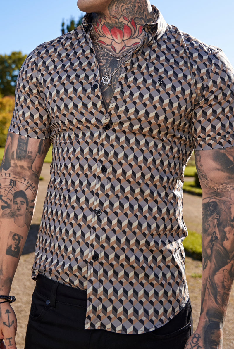 Father Sons Super Slim Stretch Grey / Beige Chevron Print Short Sleeve with Button Down Collar - FS905