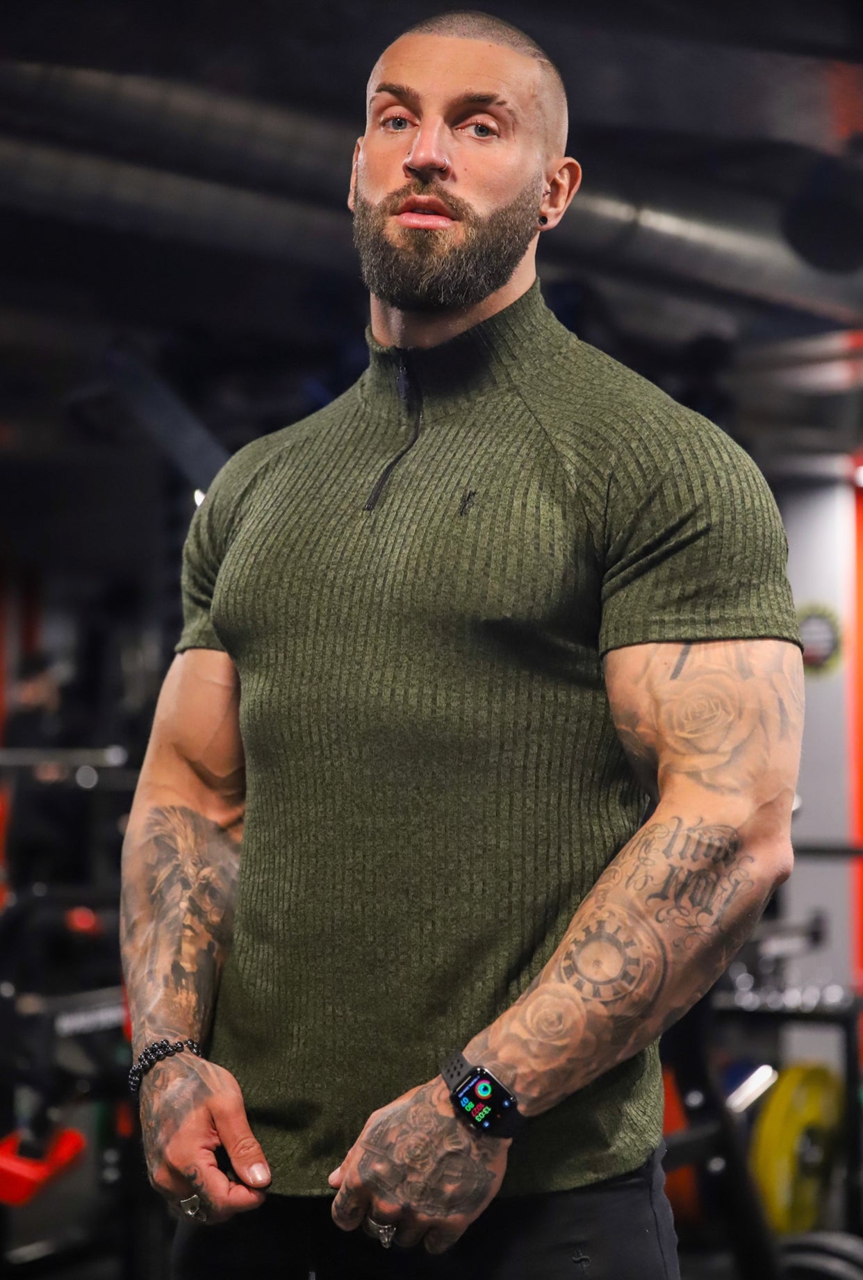 Classic Khaki Ribbed Zip Funnel Neck Raglan Short Sleeve Crew - FSH731