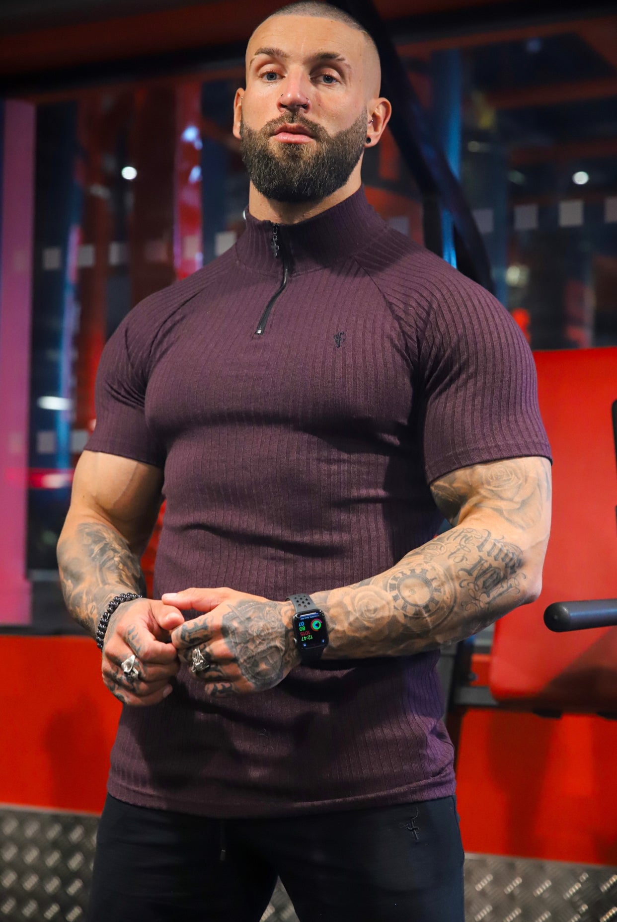 Classic Plum Ribbed Zip Funnel Neck Raglan Short Sleeve Crew - FSH732
