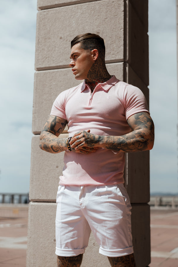Father Sons Classic Pale Pink Merino Wool Knitted Zip Polo Short Sleeve Sweater With FS Embroidery- FSN029