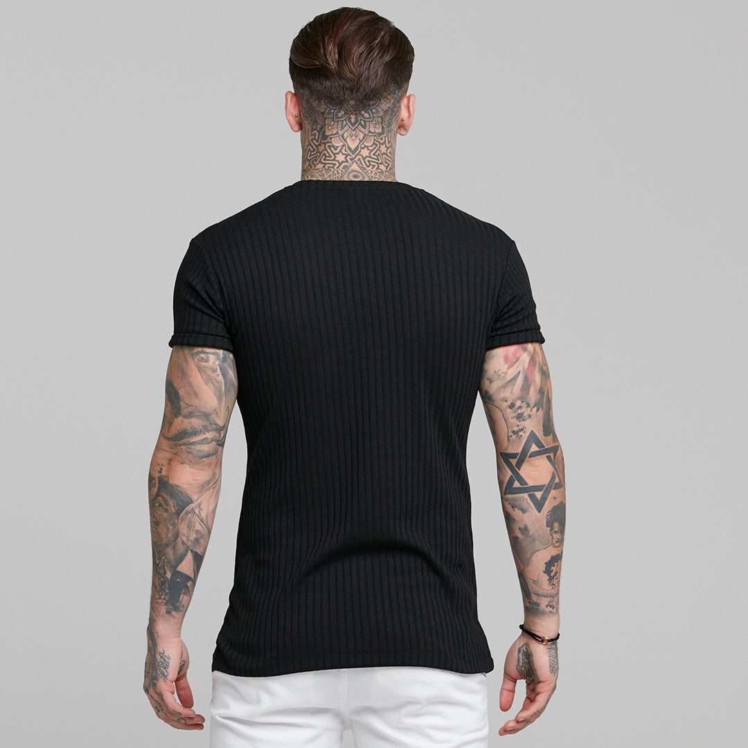Classic Black Ribbed Knit Super Slim Short Sleeve Crew - FSH241