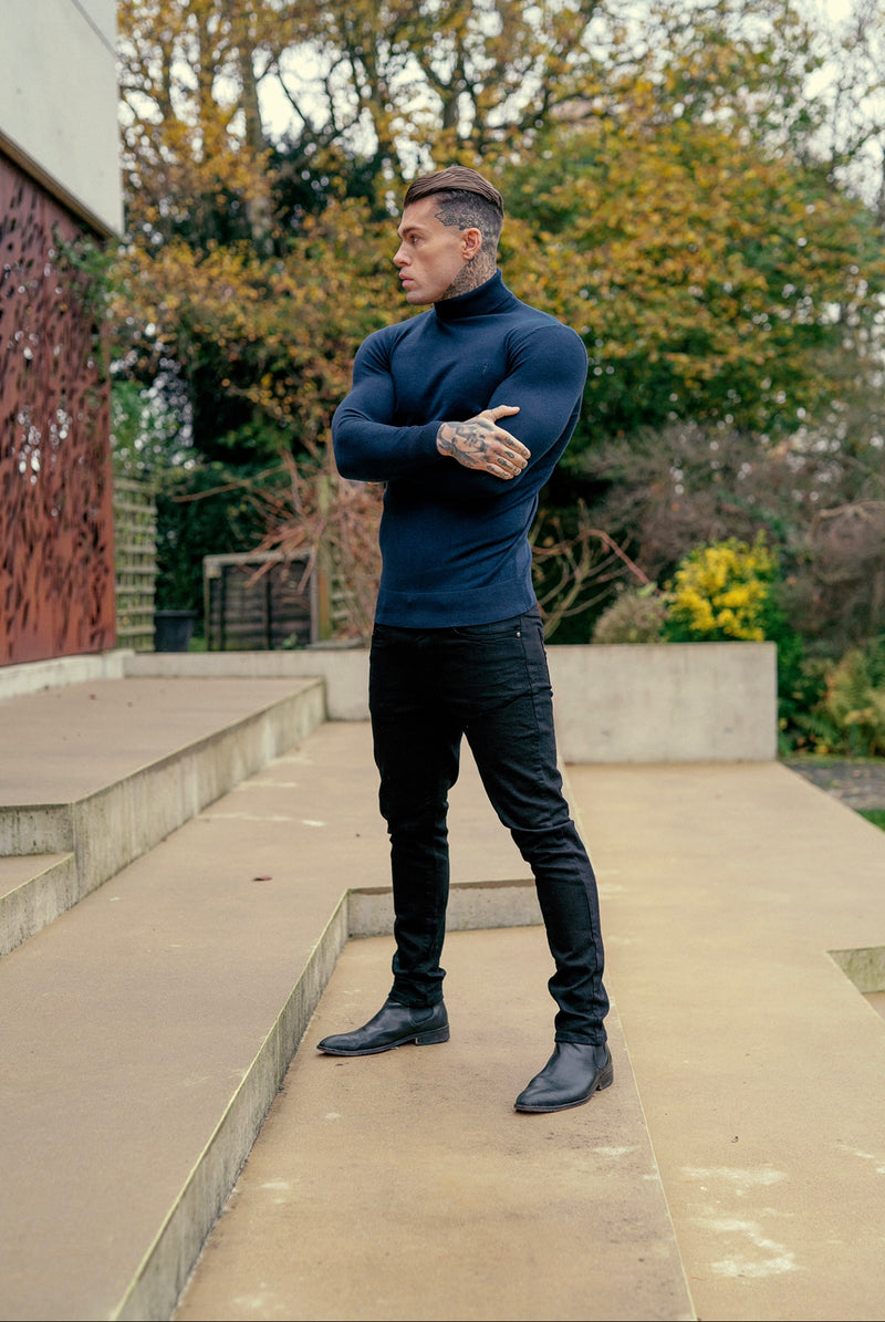 Father Sons Classic Navy Roll Neck Merino Wool Knitted Sweater With FS Embroidery - FSN011