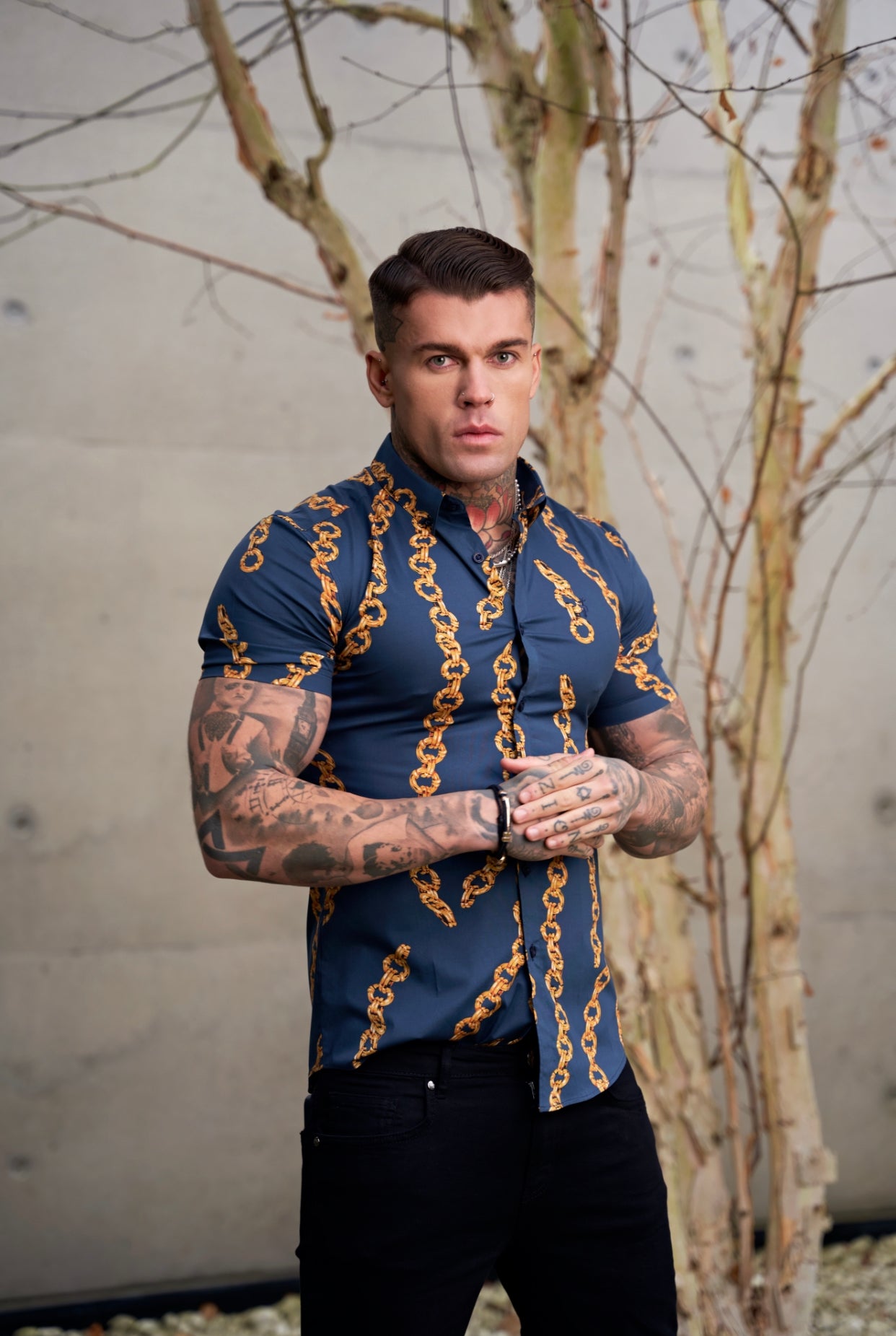Super Slim Stretch Airforce Blue / Gold Chain Print Short Sleeve with Button Down Collar - FS860