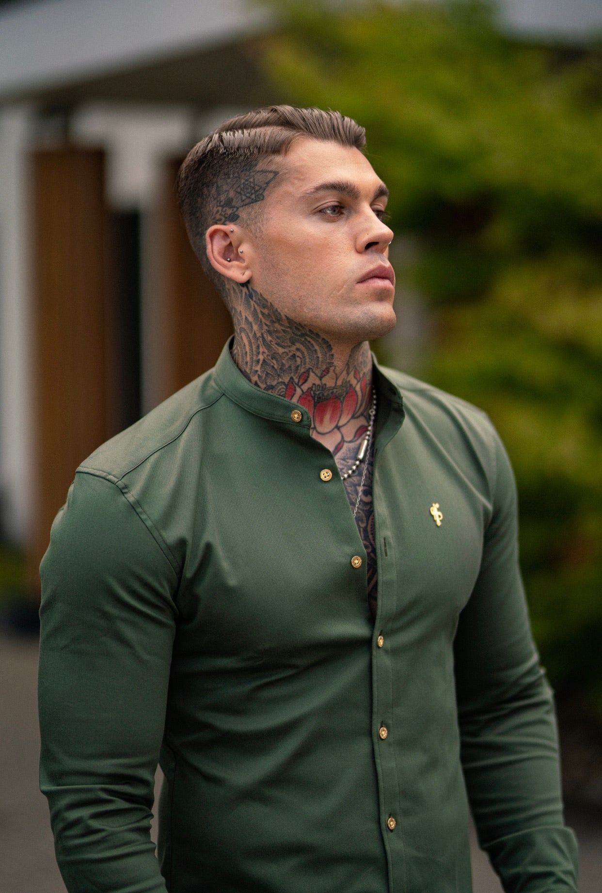 Super Slim Stretch Khaki Denim Long Sleeve Grandad collar with Metal Buttons and Decal Emblem - FS715