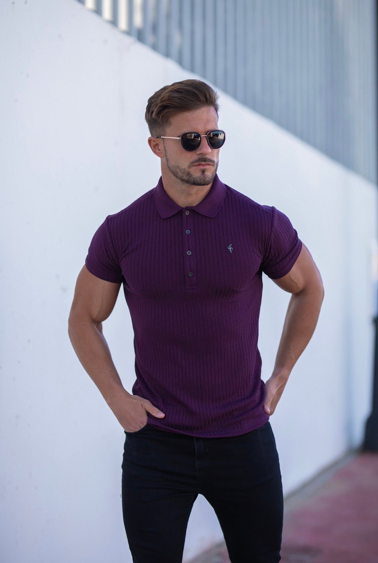 Classic Plum Ribbed Polo Shirt Short Sleeve with Black Metal Emblem Decal & Buttons- FSH585