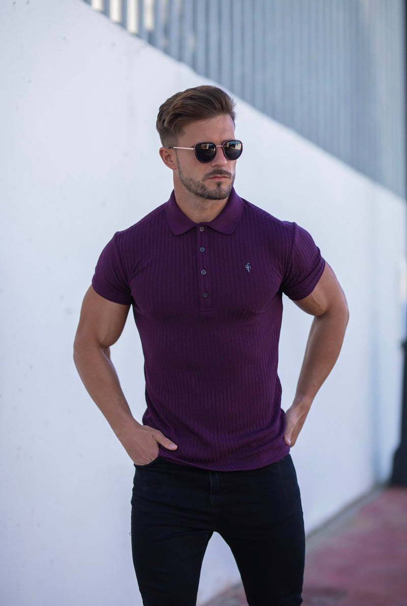 Father Sons Classic Plum Ribbed Polo Shirt Short Sleeve with Black Metal Emblem Decal & Buttons- FSH585