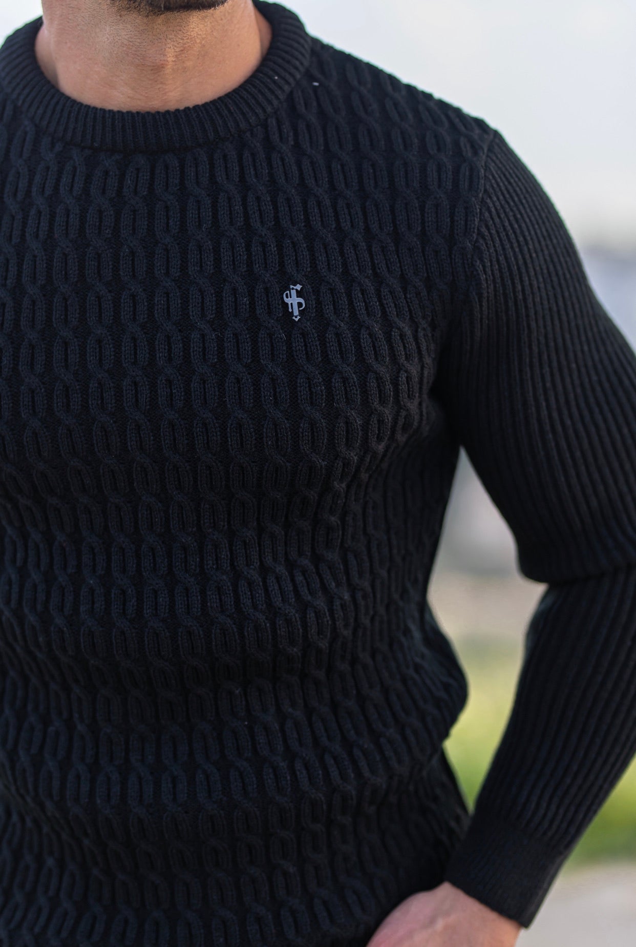 Father Sons Black Knitted Braided Super Slim Sweater With Metal Decal - FSJ029