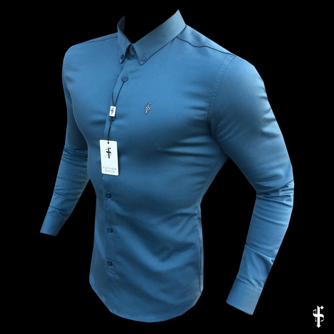 Super Slim Stretch Teal Denim Long Sleeve with Metal Decal Emblem - FS630