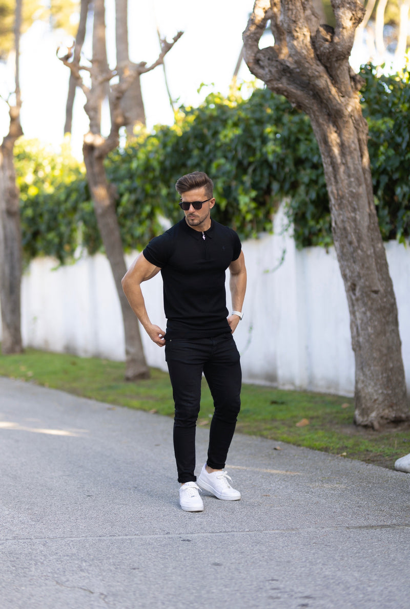 Father Sons Classic Black Merino Wool Knitted Zip Polo Short Sleeve Sweater With FS Embroidery- FSN023