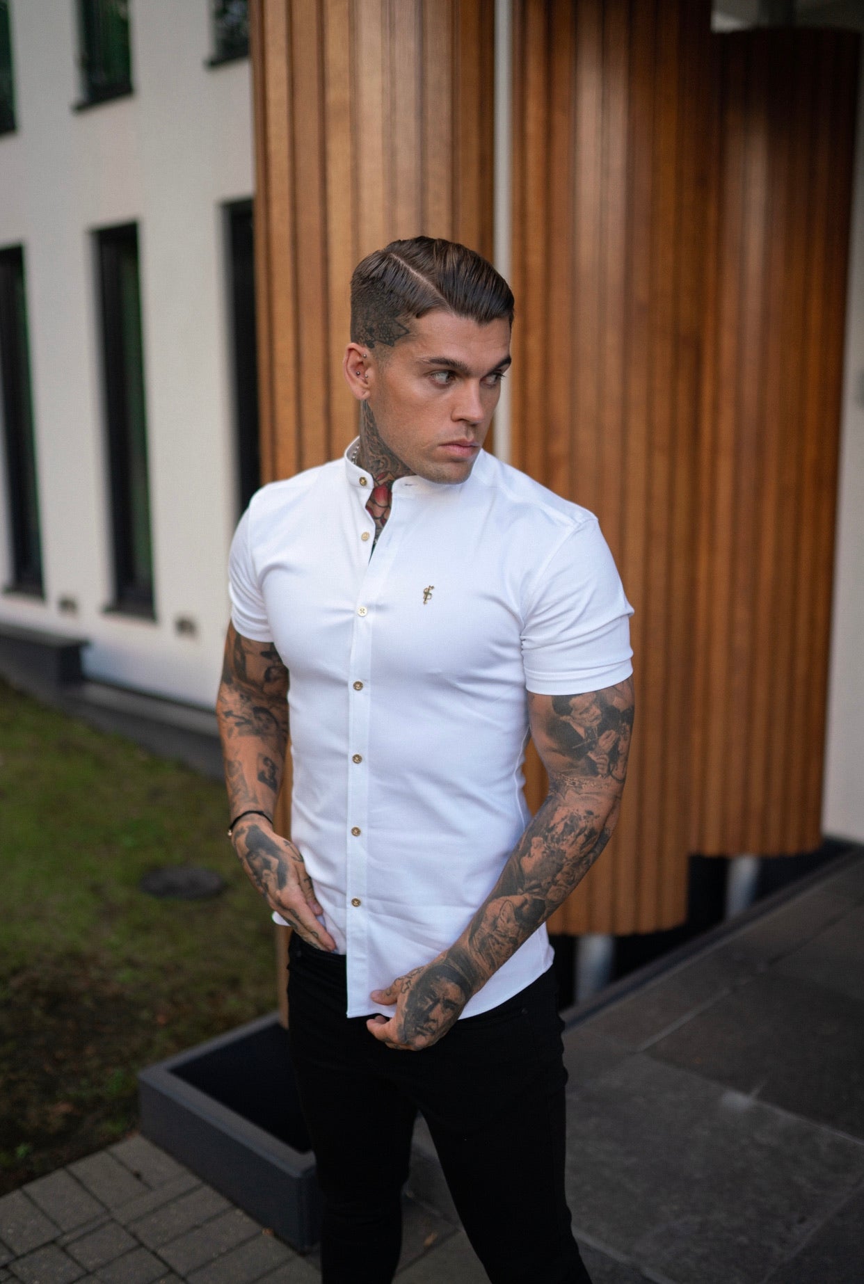 Super Slim Stretch White Denim Short Sleeve Grandad collar with Metal Buttons and Decal Emblem - FS720