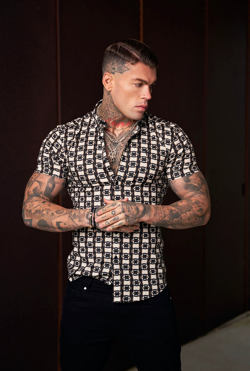 Father Sons Super Slim Stretch Black / Cream / Taupe Link Print Short Sleeve with Button Down Collar - FS849