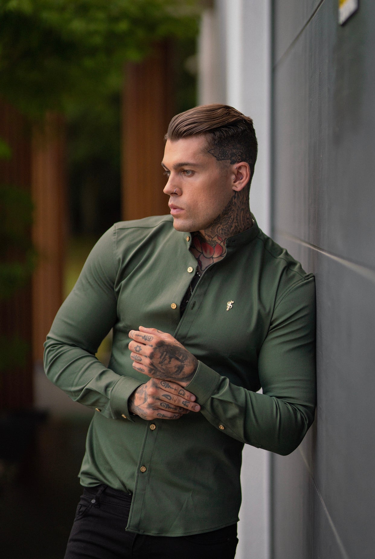 Super Slim Stretch Khaki Denim Long Sleeve Grandad collar with Metal Buttons and Decal Emblem - FS715