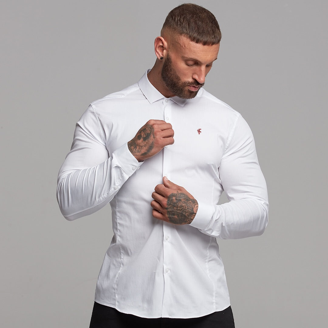 Super Slim Stretch Classic White Panel Shirt (Burgundy embroidery) - FS316 (LAST CHANCE)