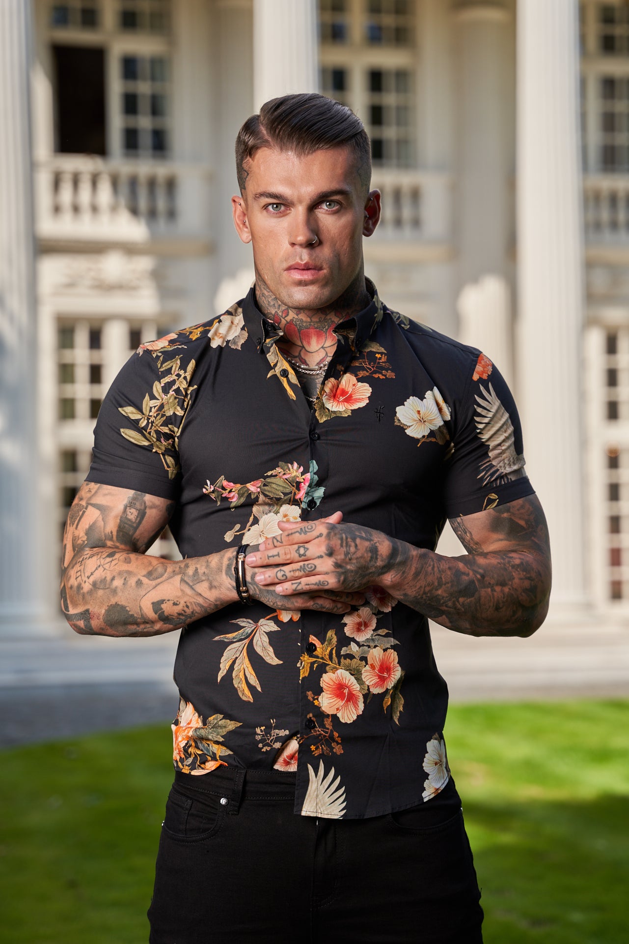 Super Slim Stretch Black Crane Print Short Sleeve with Button Down Collar - FS768