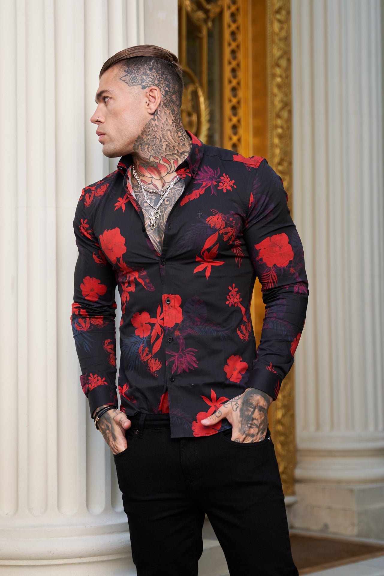 Super Slim Stretch Black and Red Floral Print Long Sleeve with Button Down Collar - FS770