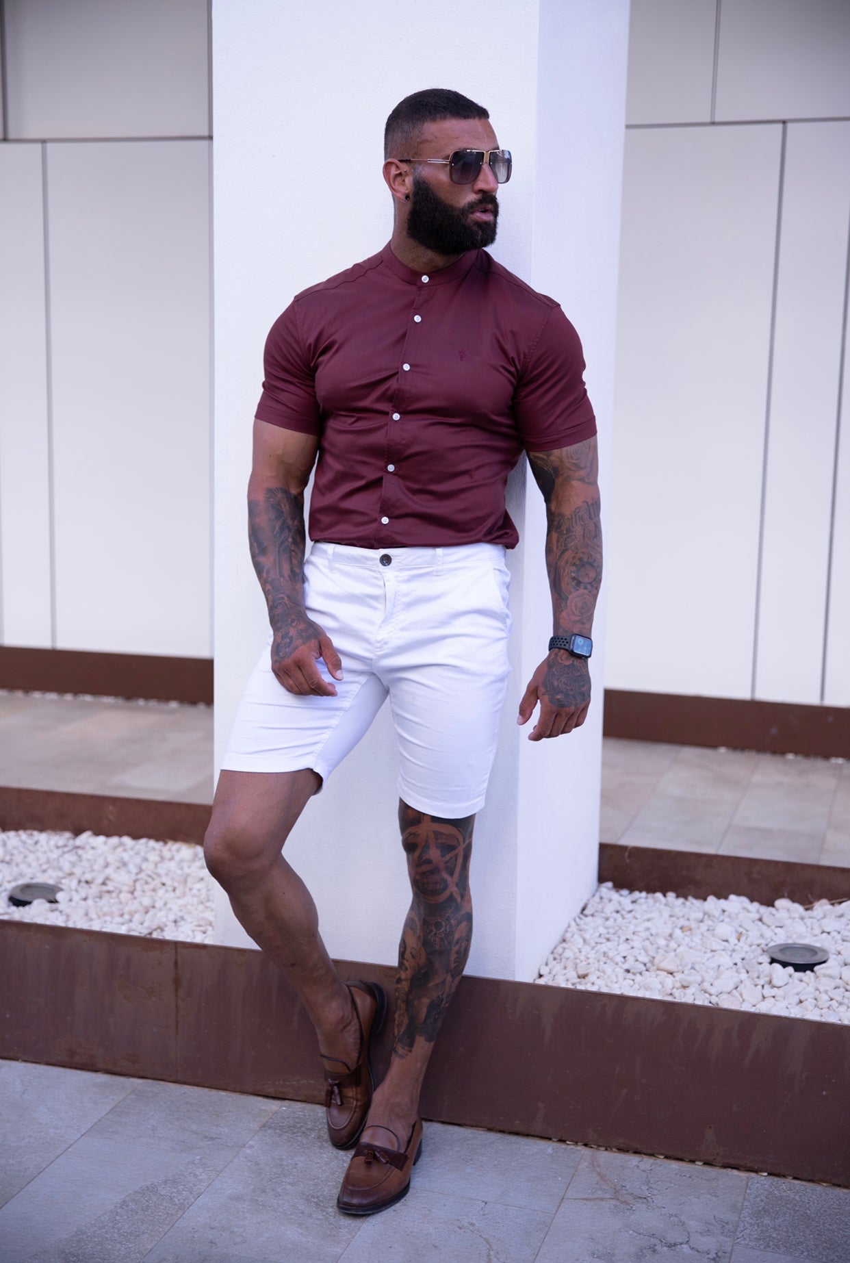 Super Slim Luxe Ultra Stretch Khaki Short Sleeve with Grandad Collar