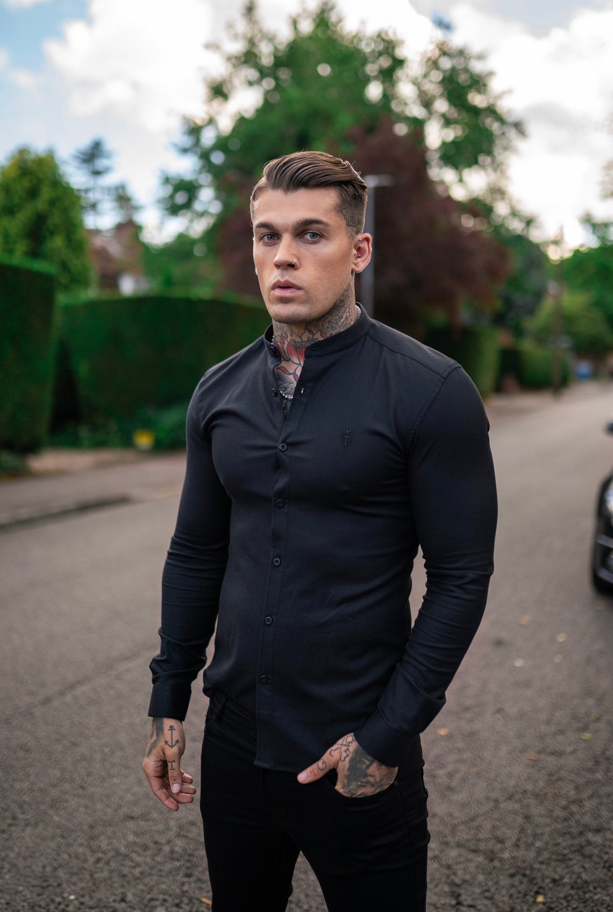 Super Slim Stretch Classic Oxford Black Grandad Collar - FS729