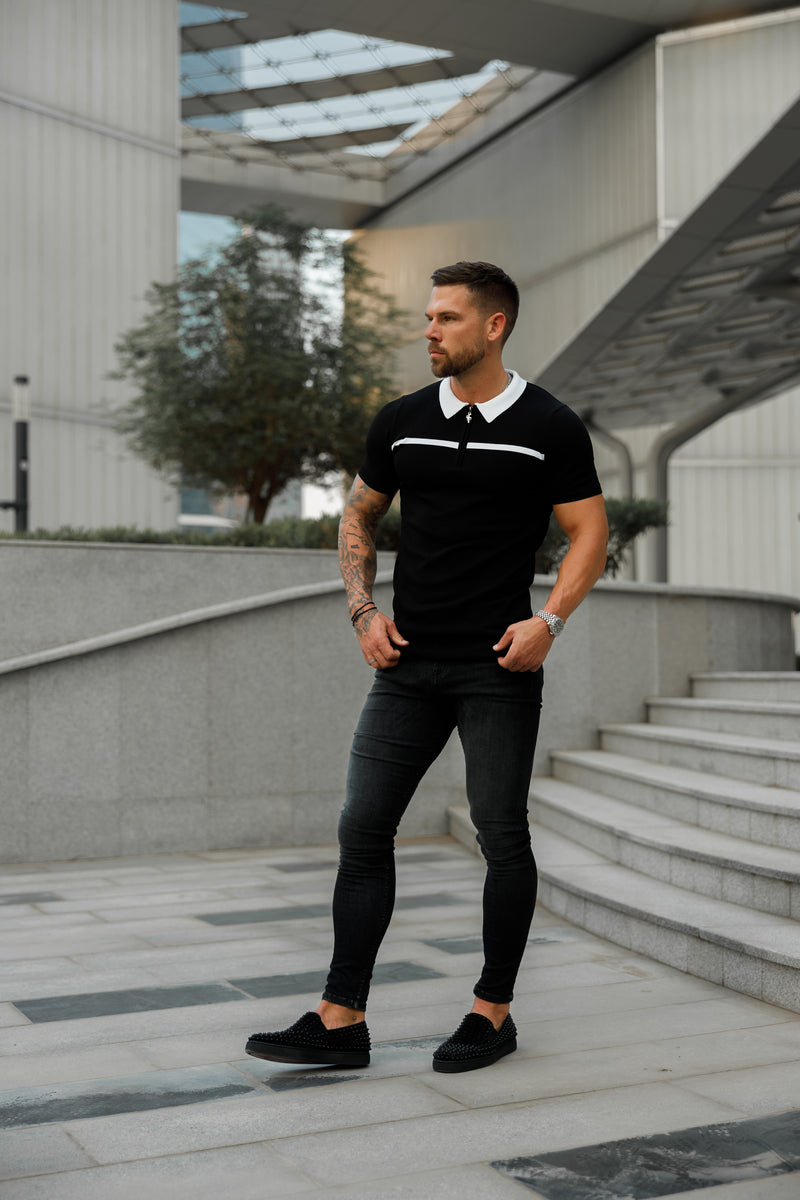 Father Sons Classic Black / White Horizontal Stripe Zipped Polo Short Sleeve - FSN038