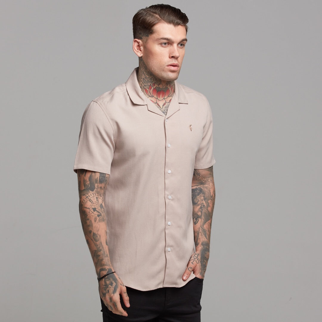 Classic Nude Linen effect Short Sleeve Revere Shirt - FS445