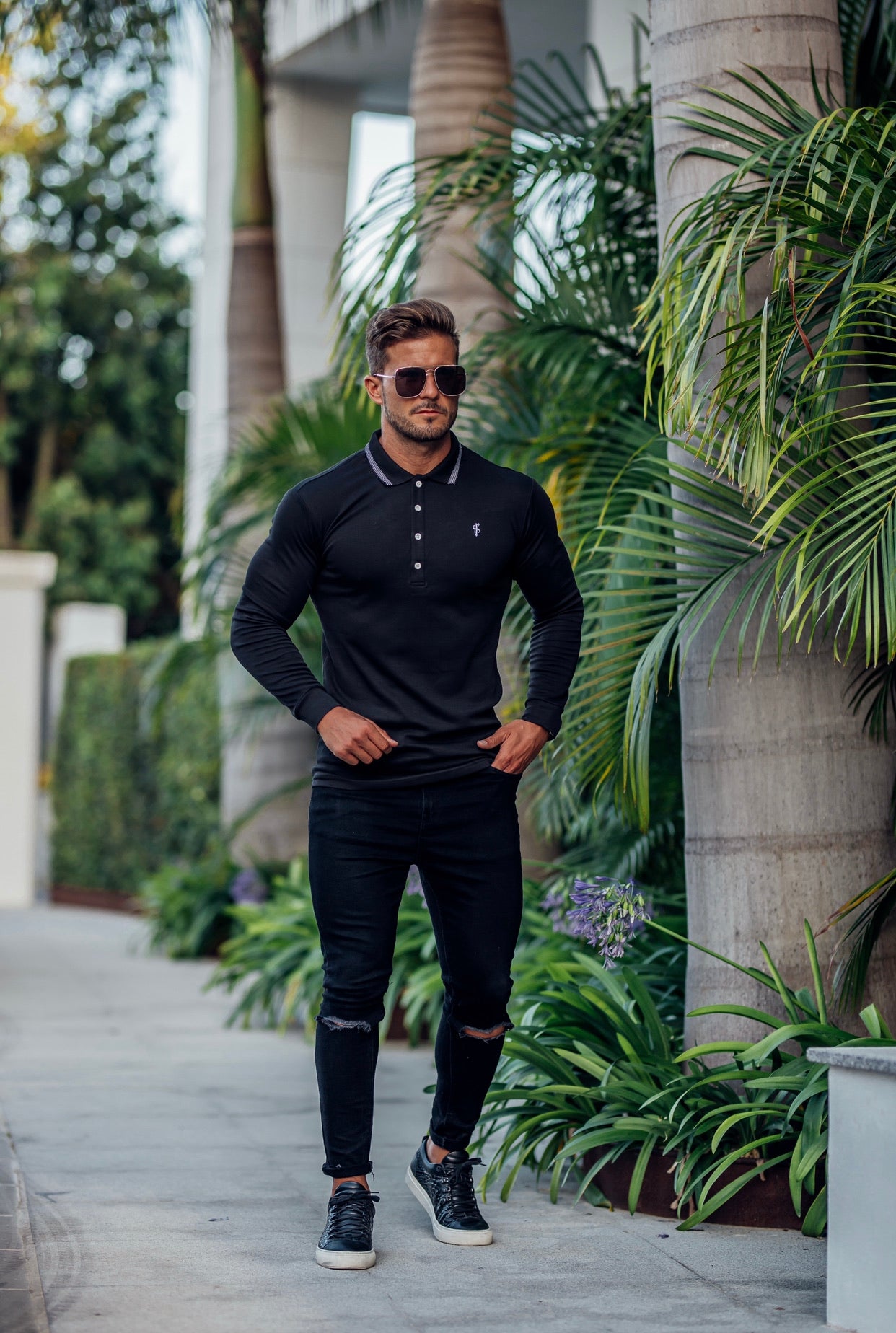 Classic Black Pima Polo Shirt with Contrast Collar Long Sleeve  - FSH426