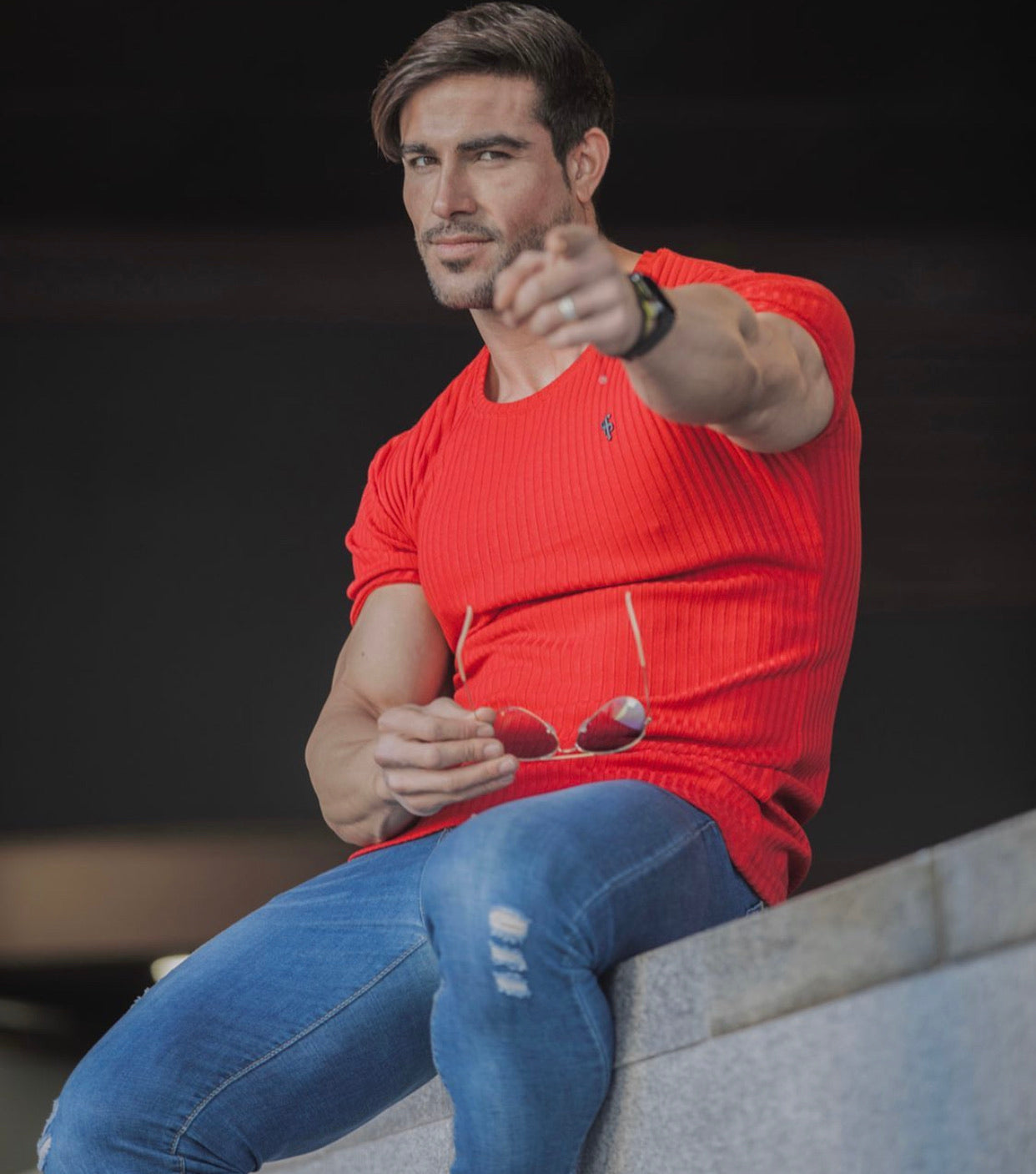 Classic Red Ribbed Knit Super Slim Short Sleeve Crew With Black Decal - FSH614