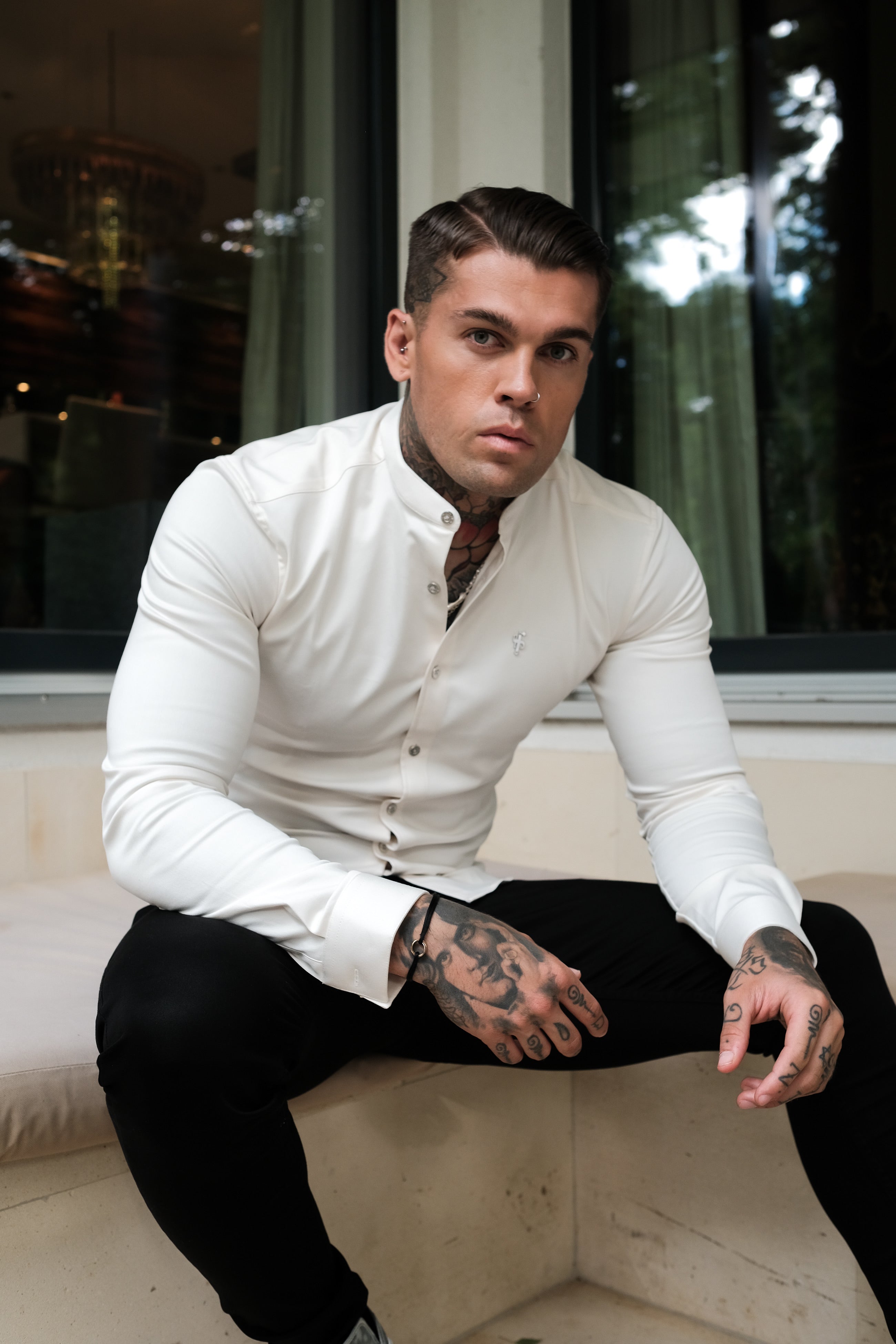 Super Slim Stretch Cream Denim Long Sleeve Grandad collar with Metal Buttons and Decal Emblem - FS725
