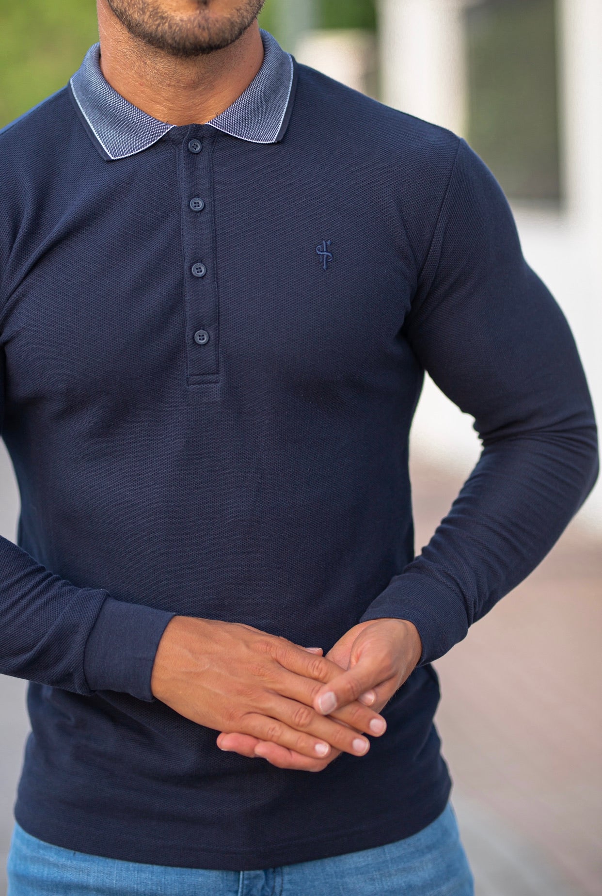 Classic Navy Honeycomb Textured Polo Shirt with Contrast Collar Long Sleeve  - FSH425