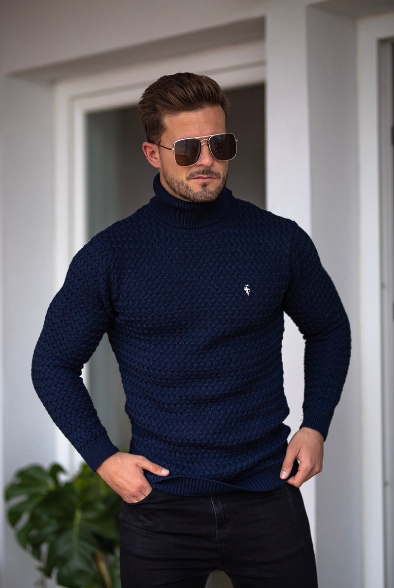 Father Sons Navy Knitted Roll Neck Weave Super Slim Sweater With Metal Decal - FSJ025