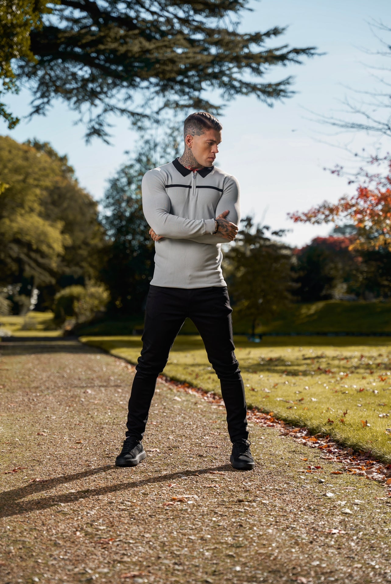 Classic Silver Grey / Black Horizontal Stripe Zipped Polo Long Sleeve - FSN049