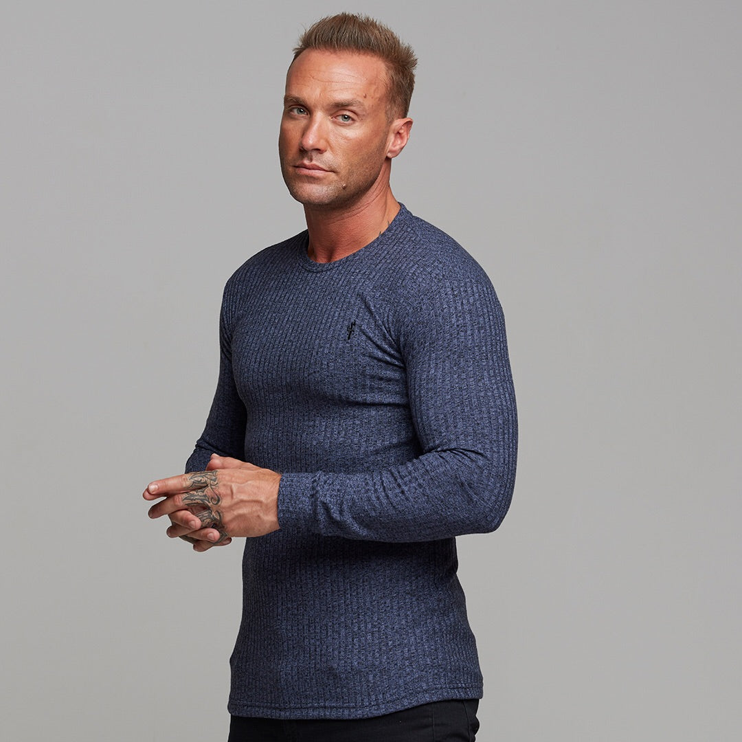 Classic Navy Ribbed Knit Super Slim Crew - FSH114