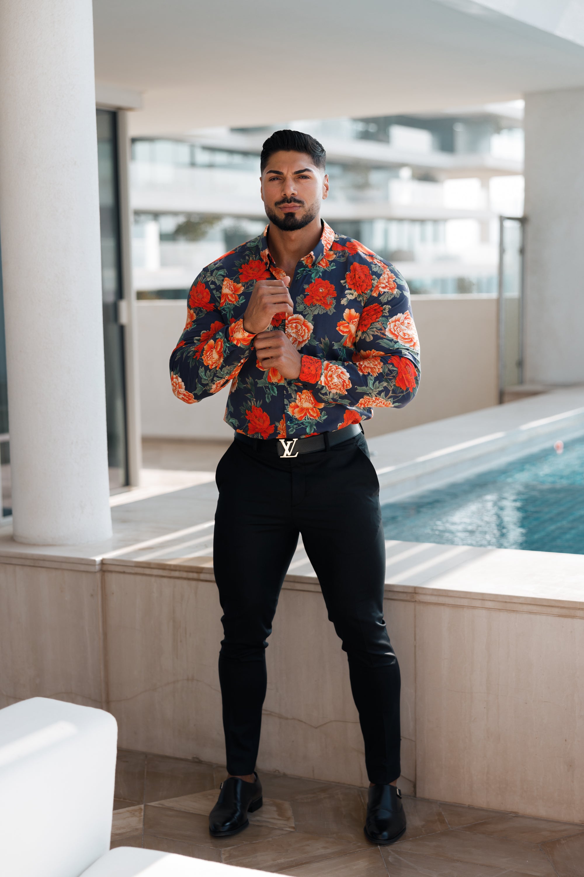 Super Slim Stretch Navy and Red Floral Print Long Sleeve with Button Down Collar - FS840